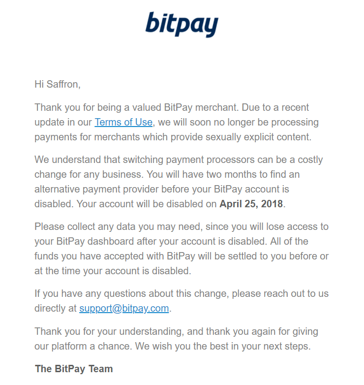 BitPay envia avisos sobre encerramento de serviços a atores pornô. BTCSoul.com