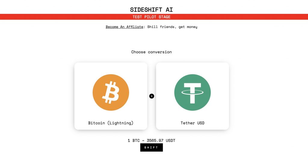 Sideshift demonstra troca entre BTC/USDT via Rede Lightning BTCSoul